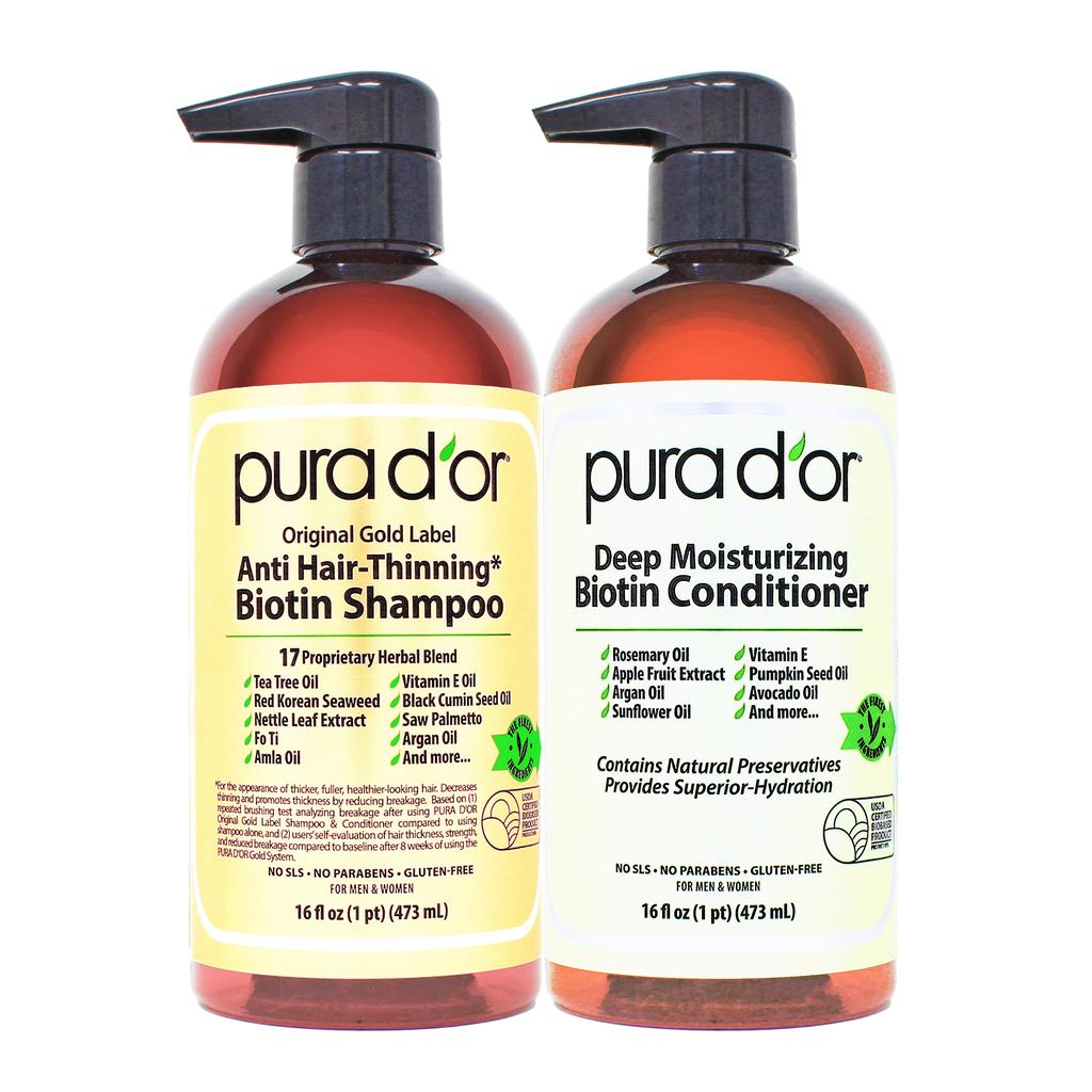 PURA D'OR Gold Label Anti-Thinning Shampoo & Conditioner Set (16oz x2)
