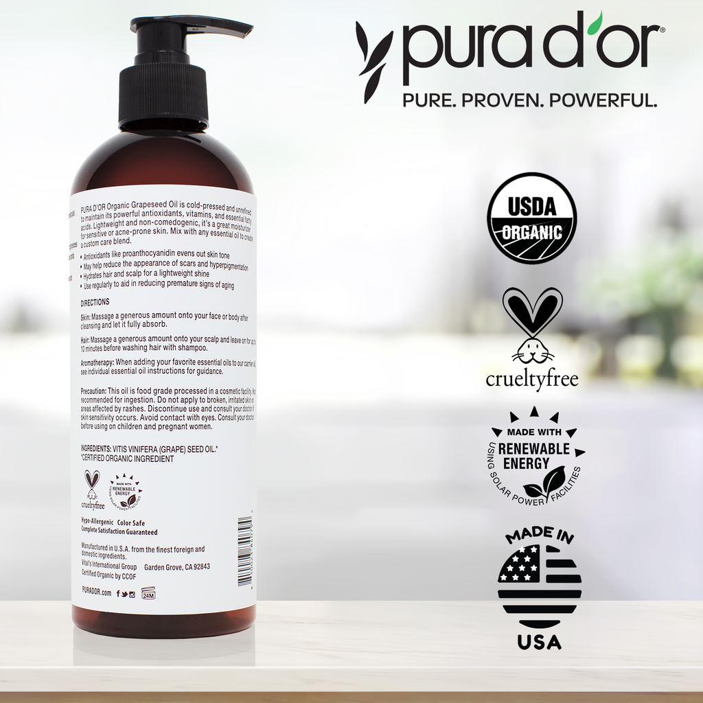 Organic Grapeseed Oil 16 oz PURA D'OR Organic Grapeseed Oil 16 oz PURA D'OR