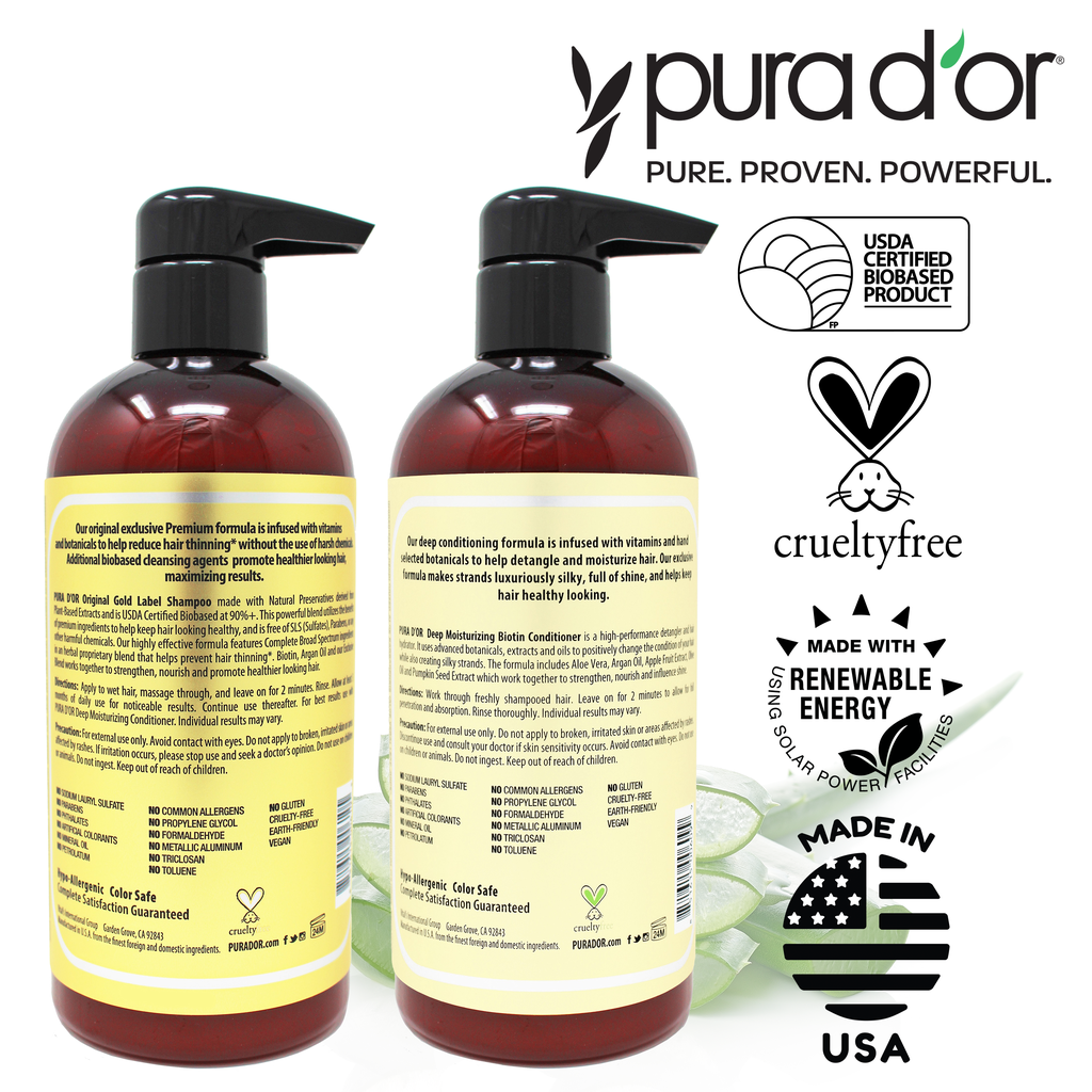 PURA D'OR Anti-Thinning Biotin Shampoo & Deep Moisturizing Conditioner Original Gold Label Set (16oz x2) Natural Earthy Scent, CLINICALLY TESTED Effective Results, DHT Blocker Thickening, Women & Men 16 oz