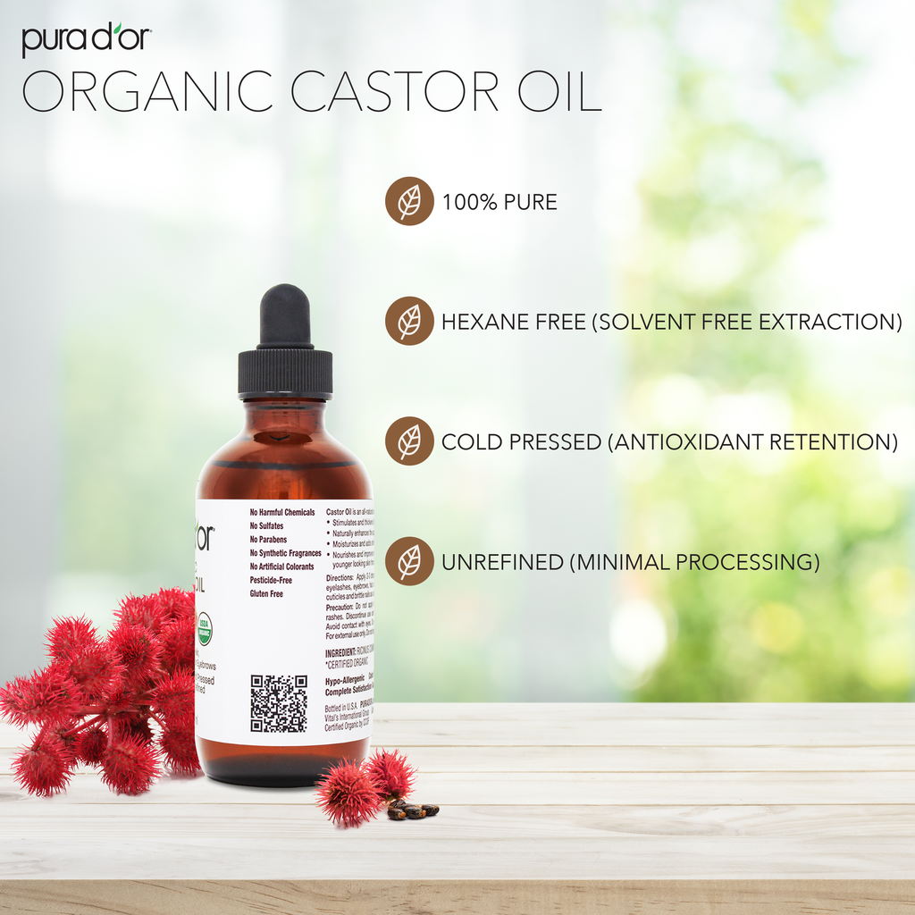 Castor Oil Includes 2 Empty Bonus Applicators - 100% Pure USDA Organic PURA D'OR Castor Oil Includes 2 Empty Bonus Applicators - 100% Pure USDA Organic PURA D'OR