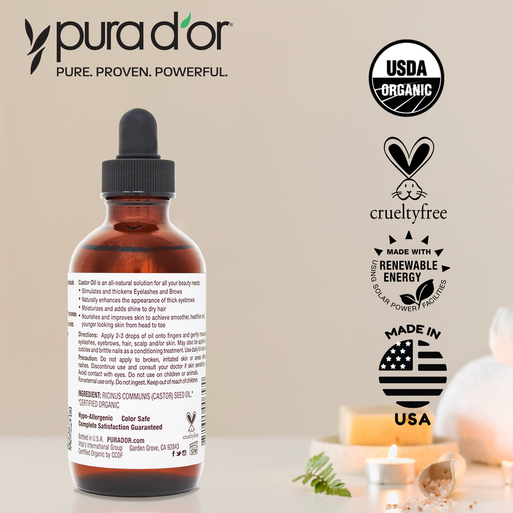 Castor Oil Includes 2 Empty Bonus Applicators - 100% Pure USDA Organic PURA D'OR Castor Oil Includes 2 Empty Bonus Applicators - 100% Pure USDA Organic PURA D'OR