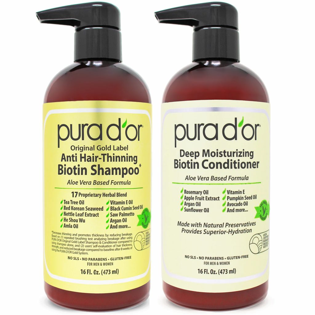 PURA D'OR Anti-Thinning Biotin Shampoo & Deep Moisturizing Conditioner Original Gold Label Set (16oz x2) Natural Earthy Scent, CLINICALLY TESTED Effective Results, DHT Blocker Thickening, Women & Men 16 oz