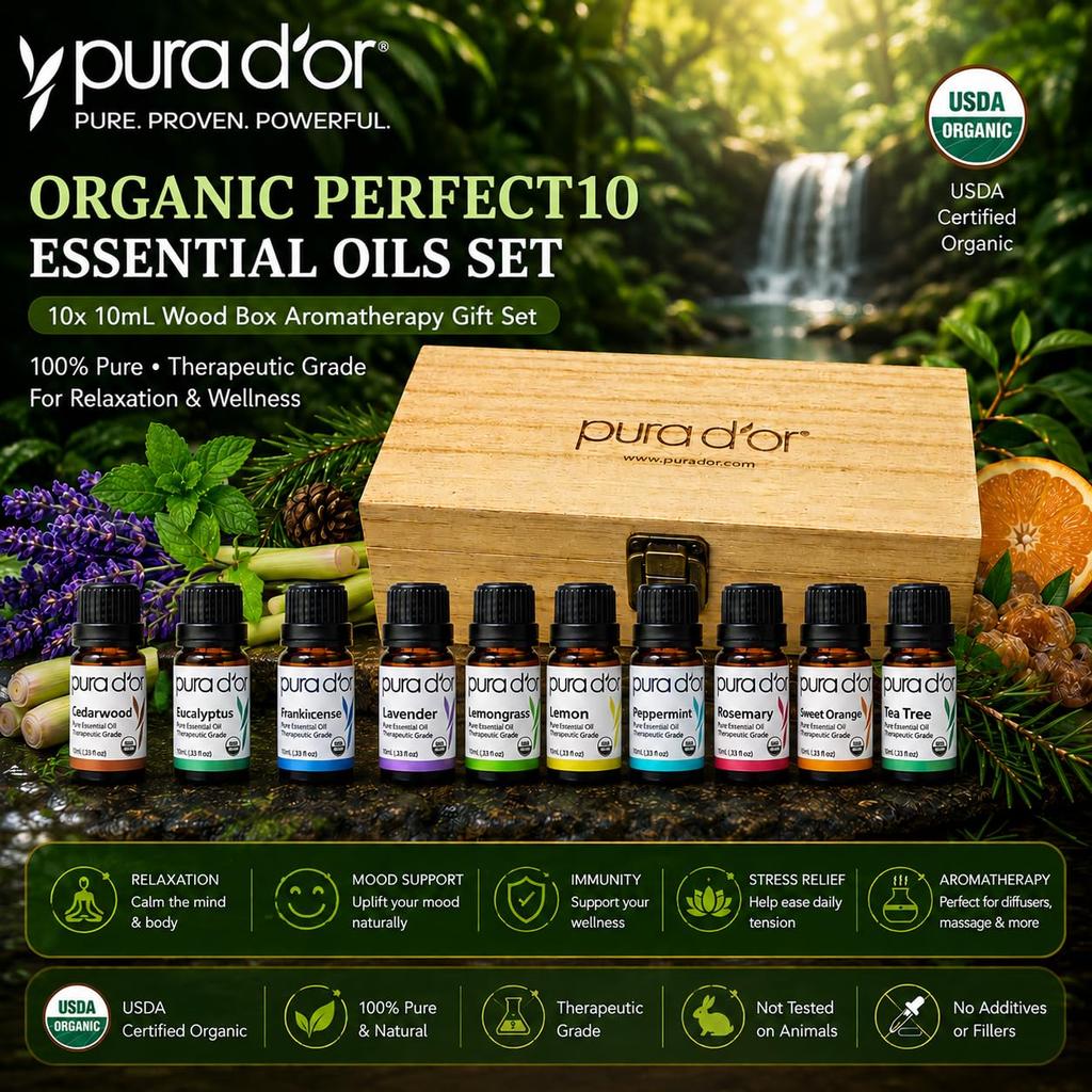 Perfect 10 Essential Oil Set - USDA Organic, 100% Pure, Natural