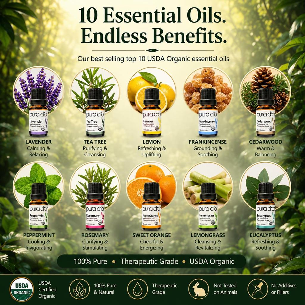 Perfect 10 Essential Oil Set - USDA Organic, 100% Pure, Natural