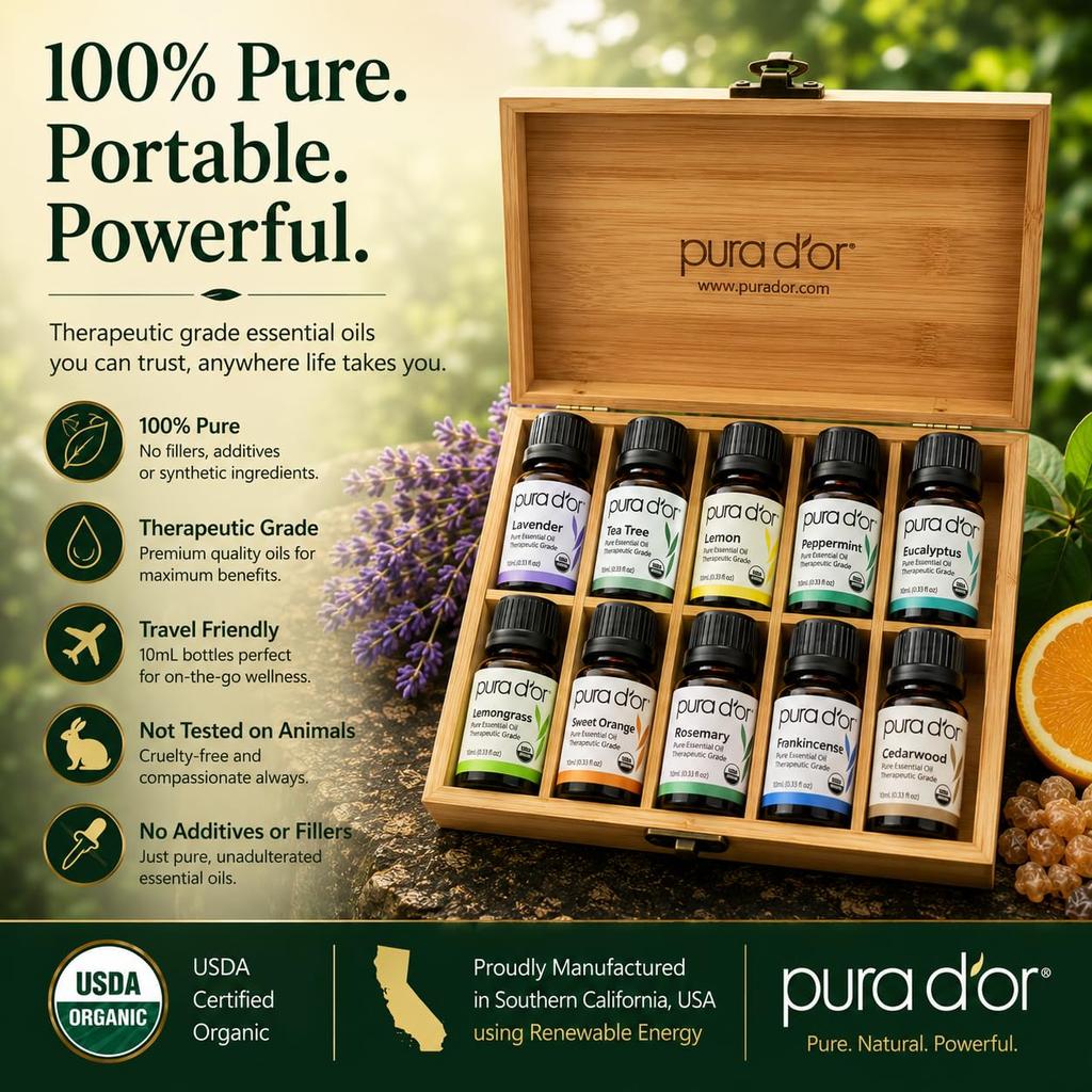Perfect 10 Essential Oil Set - USDA Organic, 100% Pure, Natural